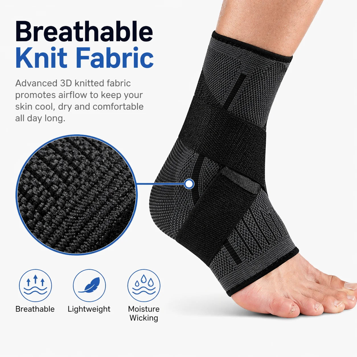 Adjustable Ankle Support Brace with Breathable Knit Compression Sleeve for Sports and Daily Activities