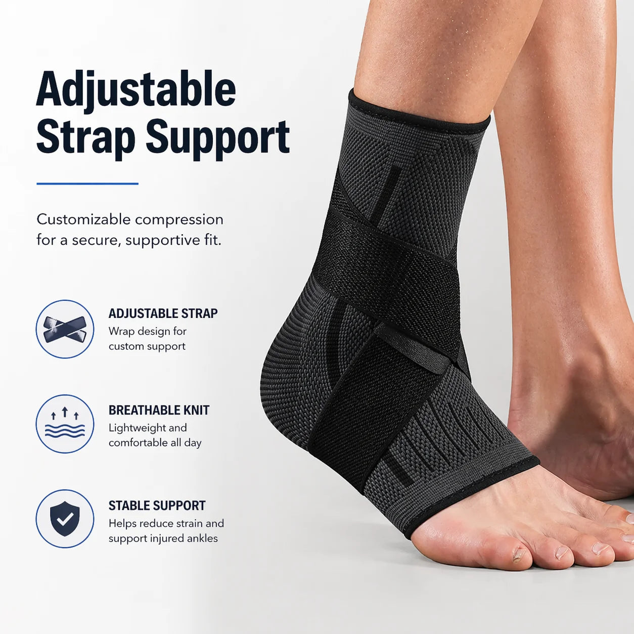 Adjustable Ankle Support Brace with Breathable Knit Compression Sleeve for Sports and Daily Activities